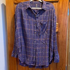 $128 Free People Crinkle Metallic Plaid Buttondown